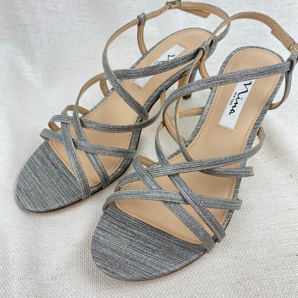 Nina Neptune Sparkly Metallic Silver Strappy Slingback Sandal Heels 7.5M